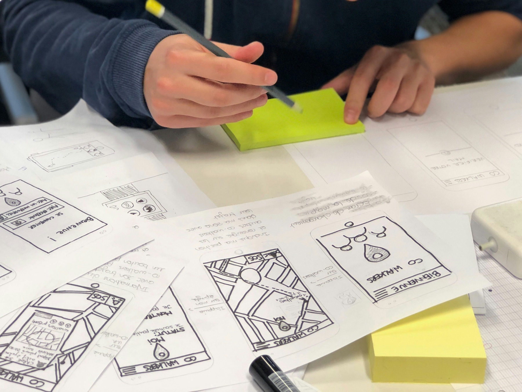 Designers reviewing sketches and paper interface prototypes